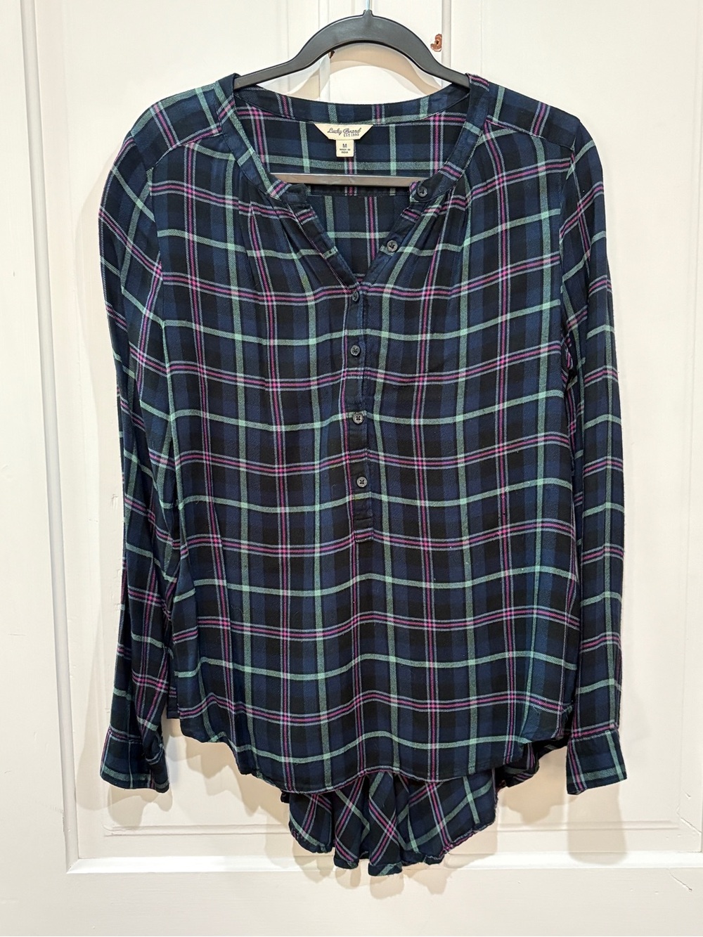 Lucky Brand Navy Plaid Button-Front Tunic Top